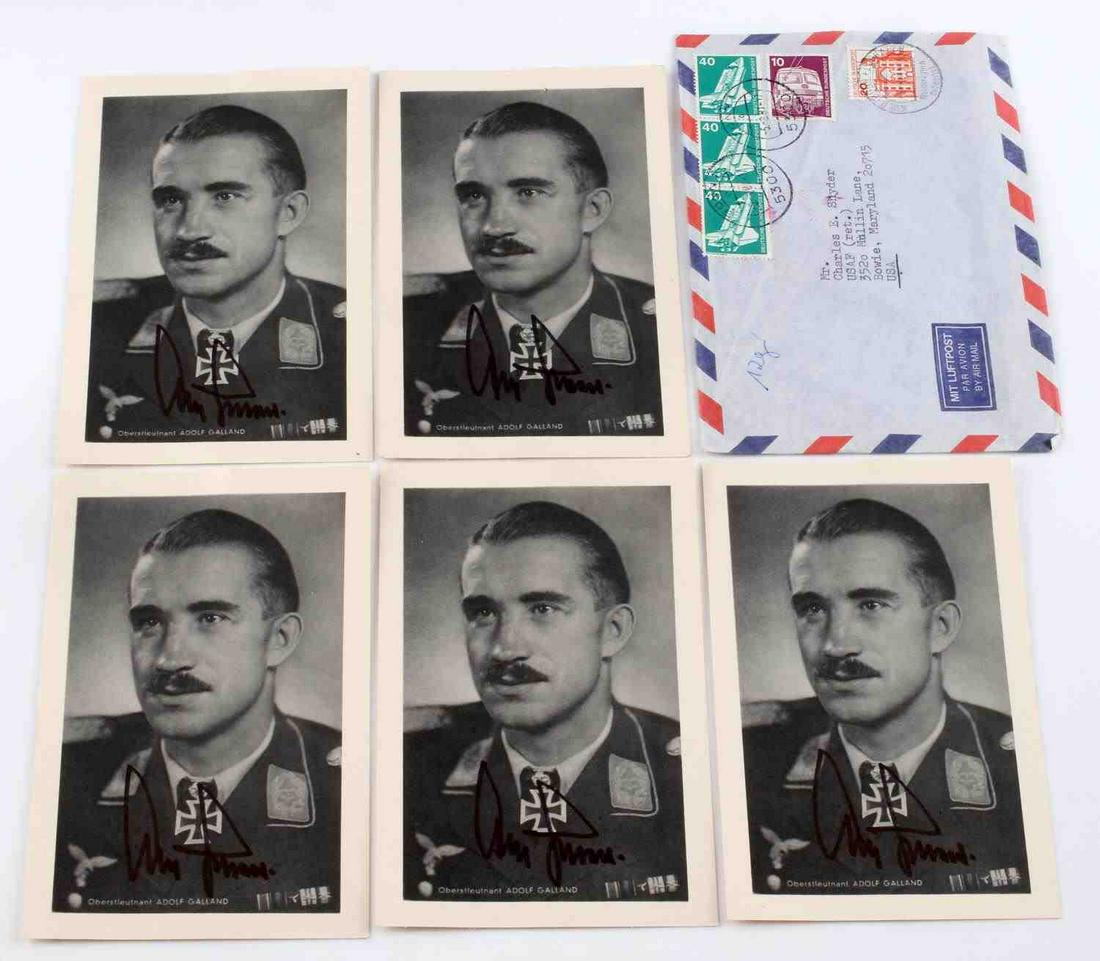 5 WWII GERMAN ACE ADOLF GALLAND AUTOGRAPHED CARDS: Has his mail stamp letter envelope and 5 signed postcards, deemed authentic.