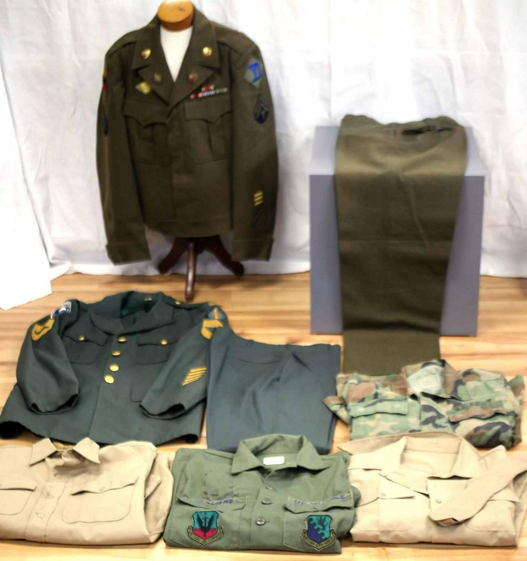 WWII TO VIETNAM USMC AIRBORNE IKE USAF UNIFORM LOT: Lot consists of 7 pieces to include a U.S. army airborne ranger dress coat with Master Sergeant insignia, has five 4 year service patches, an airborne patch, and an army ranger patch, as well as 4 poc