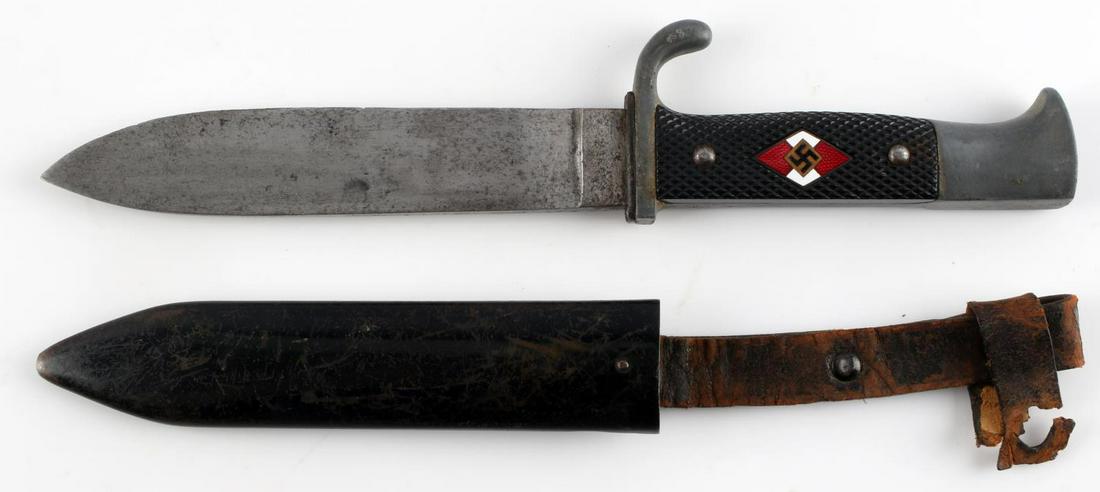 GERMAN WWII THIRD REICH HJ HITLER YOUTH KNIFE: Hitlerjugend Knife and a scabbard. Blade in very good condition, engraved with the makers mark "RZM" & "M7/80 40" Bakelite handle in very good condition. Enamel diamond with swastika intact. Mild pati