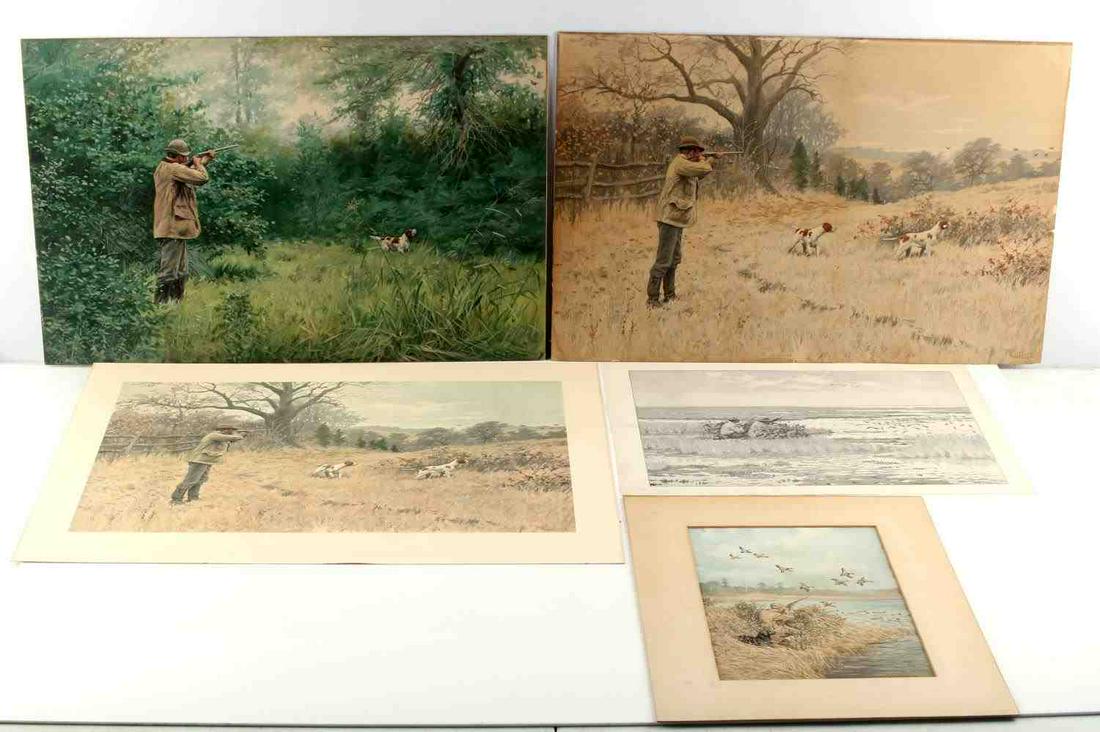 JOHN FROST & EDWIN MEGARGEE VINTAGE HUNTING PRINTS: 5 vintage 20th century A.B. Frost hunting prints and 1 Edwin Megargee print all in good condition with some yellowing related to age. Prints are unframed, measuring between 8x10 and 20x 14 inches.