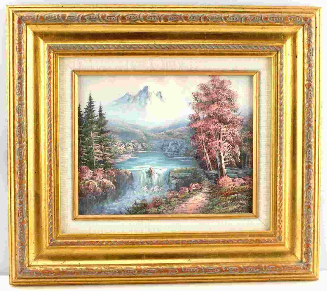 REALIST MOUNTAIN LANDSCAPE OIL PAINTING: Traditional 20th century realist landscape signed Hamilton, framed oil on canvas, 16x17 inches. In excellent condition
