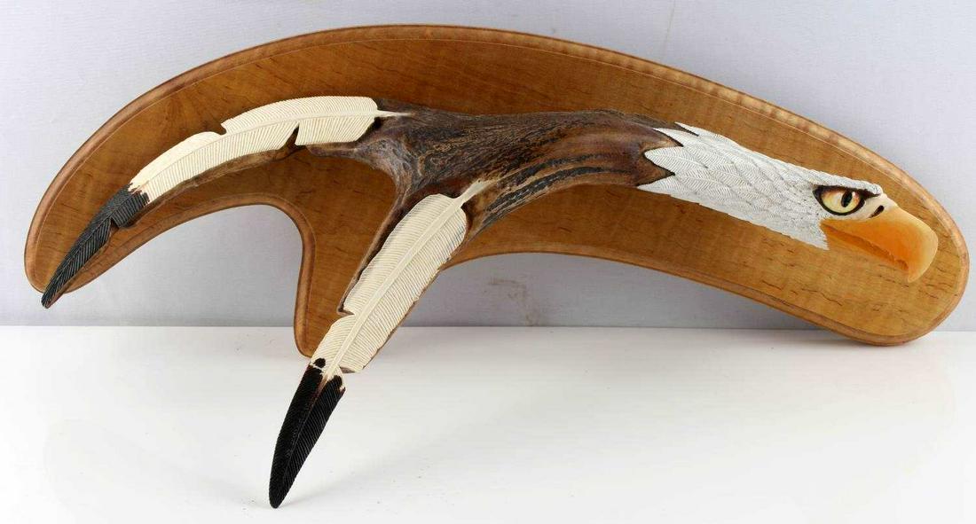DAVID SEMONES SIGNED ANTLER CARVED BALD EAGLE: David Semones 2003 signed antler carved wall hanging of the Bald Eagle. In excellent condition measuring 22x8x8 inches.