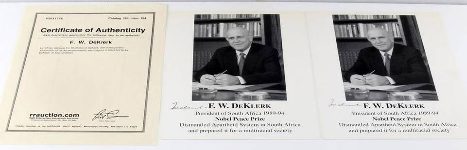 TWO FW DEKLERK SIGNED PHOTOGRAPHS WITH COA: Lot of Two Signed Photographs of Nobel Peace Prize Winner and Former President of South Africa F.W. DeKlerk. Frederik Willem de Klerk is a South African politician who served as State President of Sou