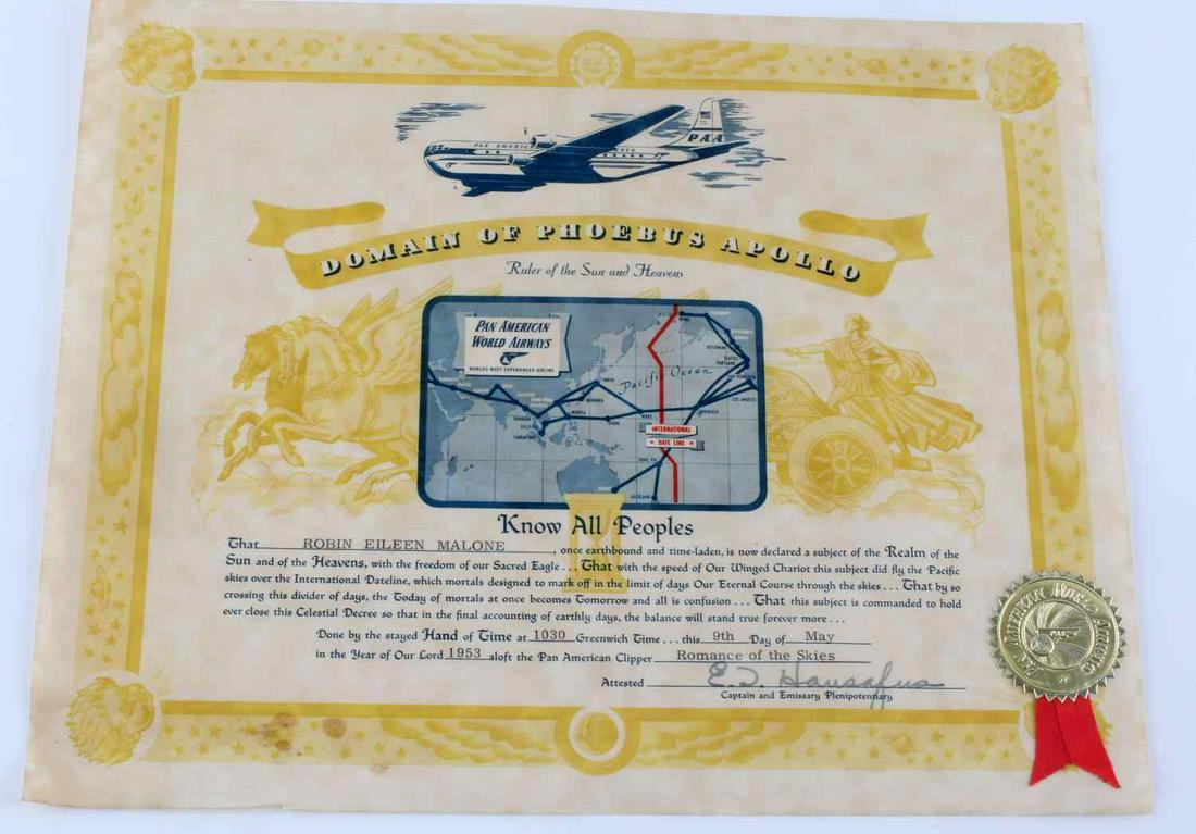 1953 PAN AM AIRWAYS DATE LINE CROSSING DOCUMENT: "Domain of Phoebus Apollo Ruler of the Sun and Heavens" attests that Robin Eileen Malone crossed the International Date Line on May 9th, 1953 aboard the Pan American Clipper "Romance of the Skies." Th