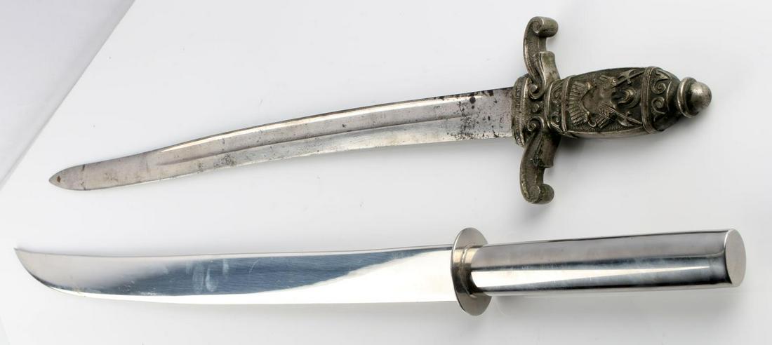 SWORD BAYONET AND STAINLESS BOLO SWORD KNIFE: Pair of interesting blades, one a 19th century sword bayonet 23 inch blade 28 inch overall with what appears to possibly be a Fraternal added grip, the second 24 inch blade 29 overall , a crafted over