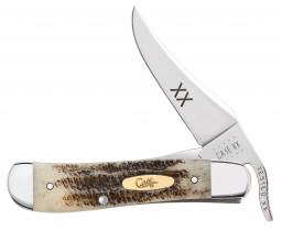 CASE VINTAGE BONE RUSSLOCK KNIFE 25966: One-hand opening clip blade liner lock. This family captures the image of time worn bone that has been aged to perfection. Complimented with the Case Oval Brass Script Shield and "XX" embellished on t