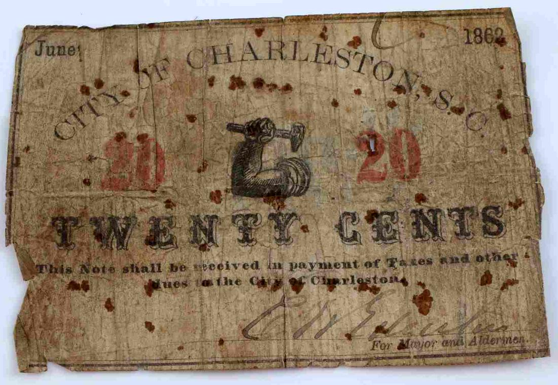 CHARLESTON SC 1862 20 CENT FRACTIONAL CIVIL WAR: Collectible grade holes and stains, scarce fractional.