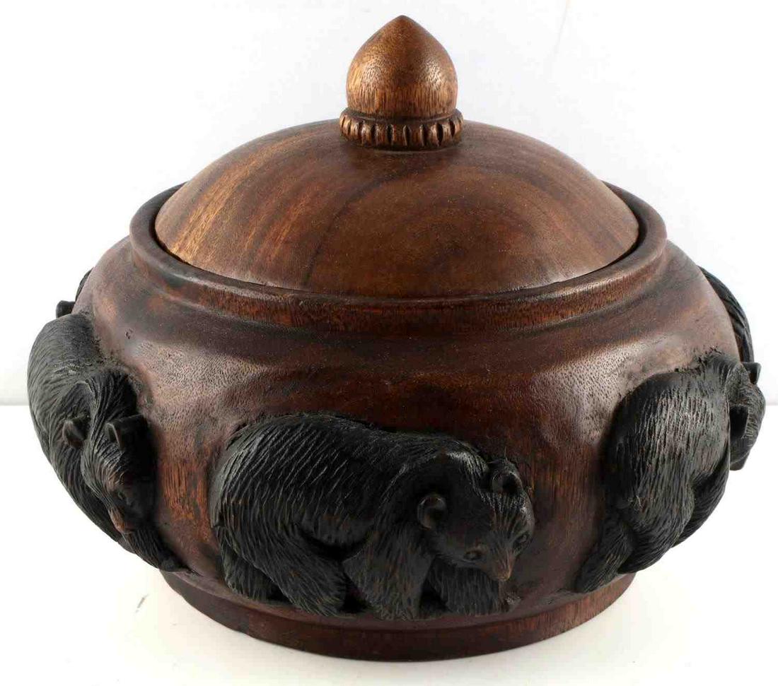 RUSTIC BEAR CARVED TEAK WOOD BOWL WITH LID: Carved Teak wood lidded bowl with black bear motif. Diameter 12 inches height 9 1/2 inches.