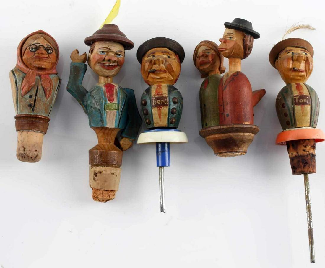 5 GERMAN WOOD CHARACTER WINE LIQUOR BOTTLE STOPS: Some have moving parts, the couple 1 has a damaged hat brim, 3 to 5 inches.