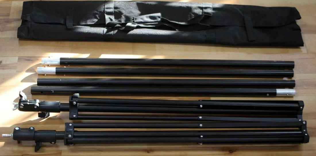 SET OF COMPACT SPEAKER TRIPODS WITH EXTENSIONS: Two compact speaker tripods with two extensions each, tripod measures 5 feet tall when set up. Each extension measures at 31 13/16 inches long. Comes in a compact storage bag.