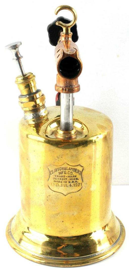 CLAYTON & LAMBERT ANTIQUE BRASS BLOW TORCH: Clayton & Lambert MFG.CO. antique brass & copper blow torch with wood handle in very good original restored condition. The patent date reads "JAN. 4. 1921", there is also a mark on the handle that rea