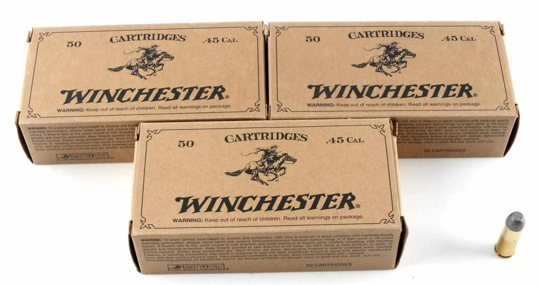 150 ROUNDS OF WINCHESTER .45 CAL 250 GRAIN AMMO: This lot contains three (3) boxes of fifty (50) totaling 150 rounds of Winchester .45 Colt 250 Grain Lead Flat Nose Cowboy Action Load ammunition. This ammunition is non-corrosive, in boxer primed, re