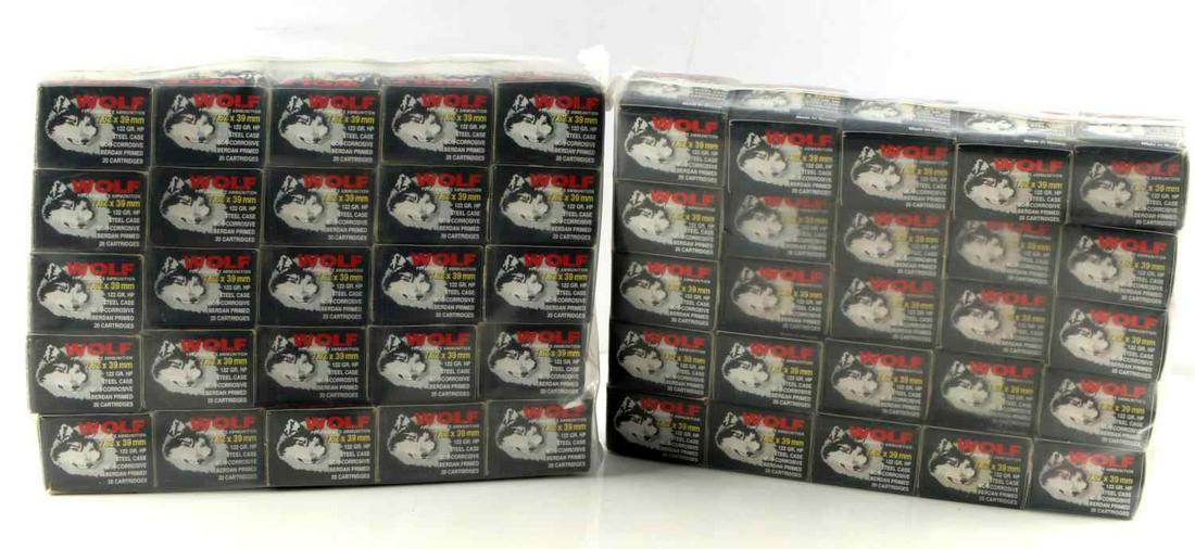 1000 ROUNDS OF WOLF 7.62 X 39 125 GRAIN AMMUNITION: This lot contains a case with fifty (50) boxes of 20 rounds of Wolf Performance 7.62 x 39mm 122 Grain, Hollow Point ammo. This ammo is steel case, non-corrosive and berdan primed. The ammo is unopened