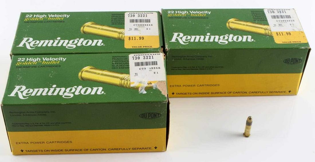 1500 REMINGTON HIGH VELOCITY 22. CALIBER ROUNDS: 500 Rounds per box. High velocity. 1200 FPS. 40 GR solid point golden bullet. Shuns dirt, grit, and lint.