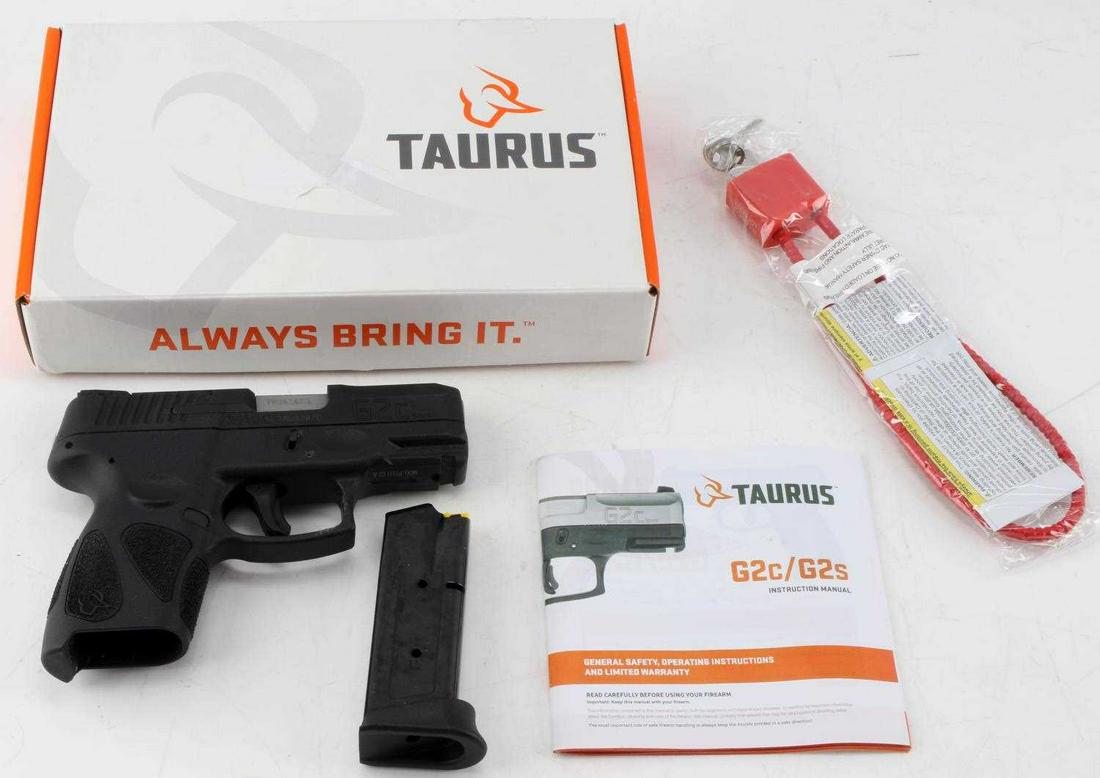 NEW TAURUS G2C 9MM WITH ONE MAGAZINE NIB: New Taurus G2C 9mm. model PT111 G2A, semi-auto handgun. Steel and polymer construction. Pistol has 3 inch barrel, factory new condition bore. Magazine holds 12 rounds. Factory box with pistol lock. Re