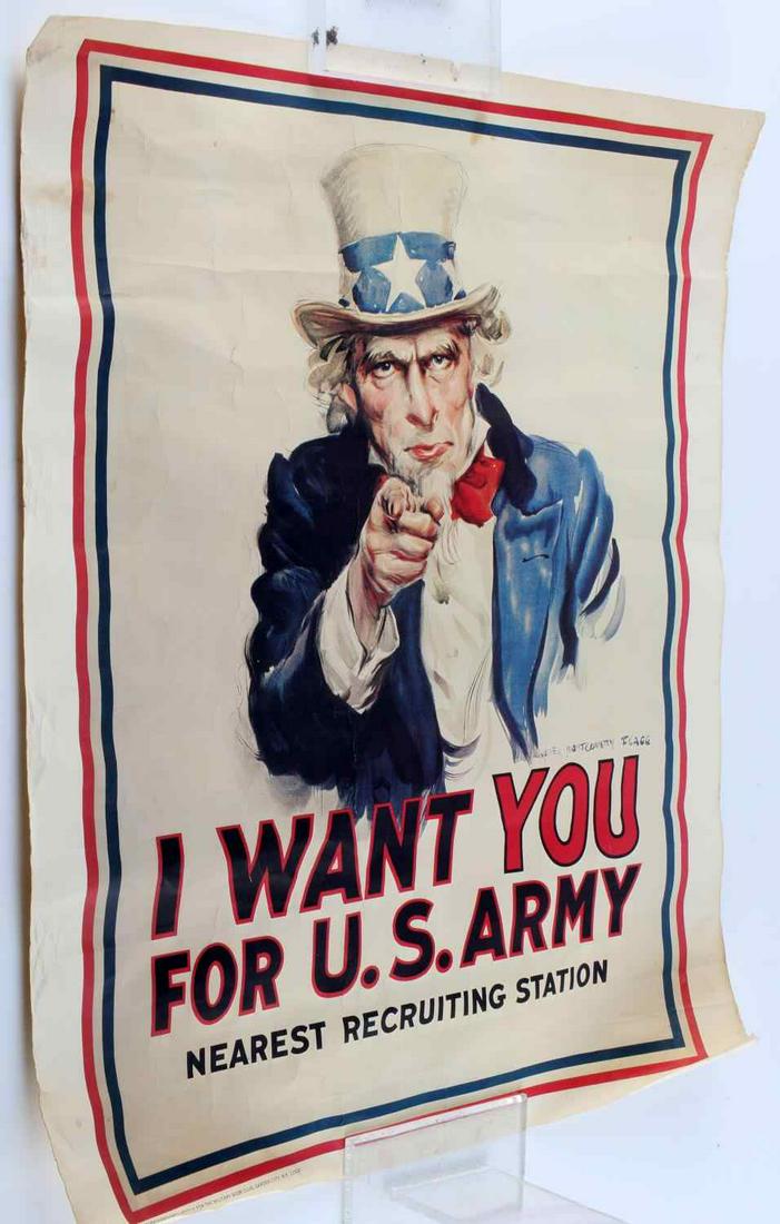 WWI UNCLE SAM I WANT YOU FOR US ARMY REPRODUCTION: WWI Uncle Sam "I Want You for US Army" poster reproduction. Features printers mark in bottom corner. Measures 16 inches by 20 inches. Paper is aged to look authentic. Overall, good condition. Unauthen