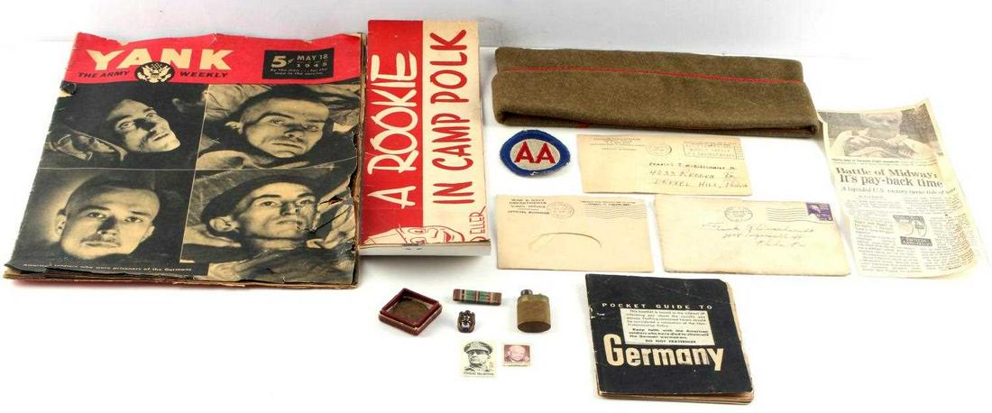 WWII US MILITARY YANK NEWSPAPER & JEEP GEAR LOT: Lot includes miscellaneous US Army content, including (1) One issue of the US Army's Weekly publication YANK dated May 18 1945 (2) One comic strip book about bootcamp called "A ROOKIE IN CAMP POLK" (3