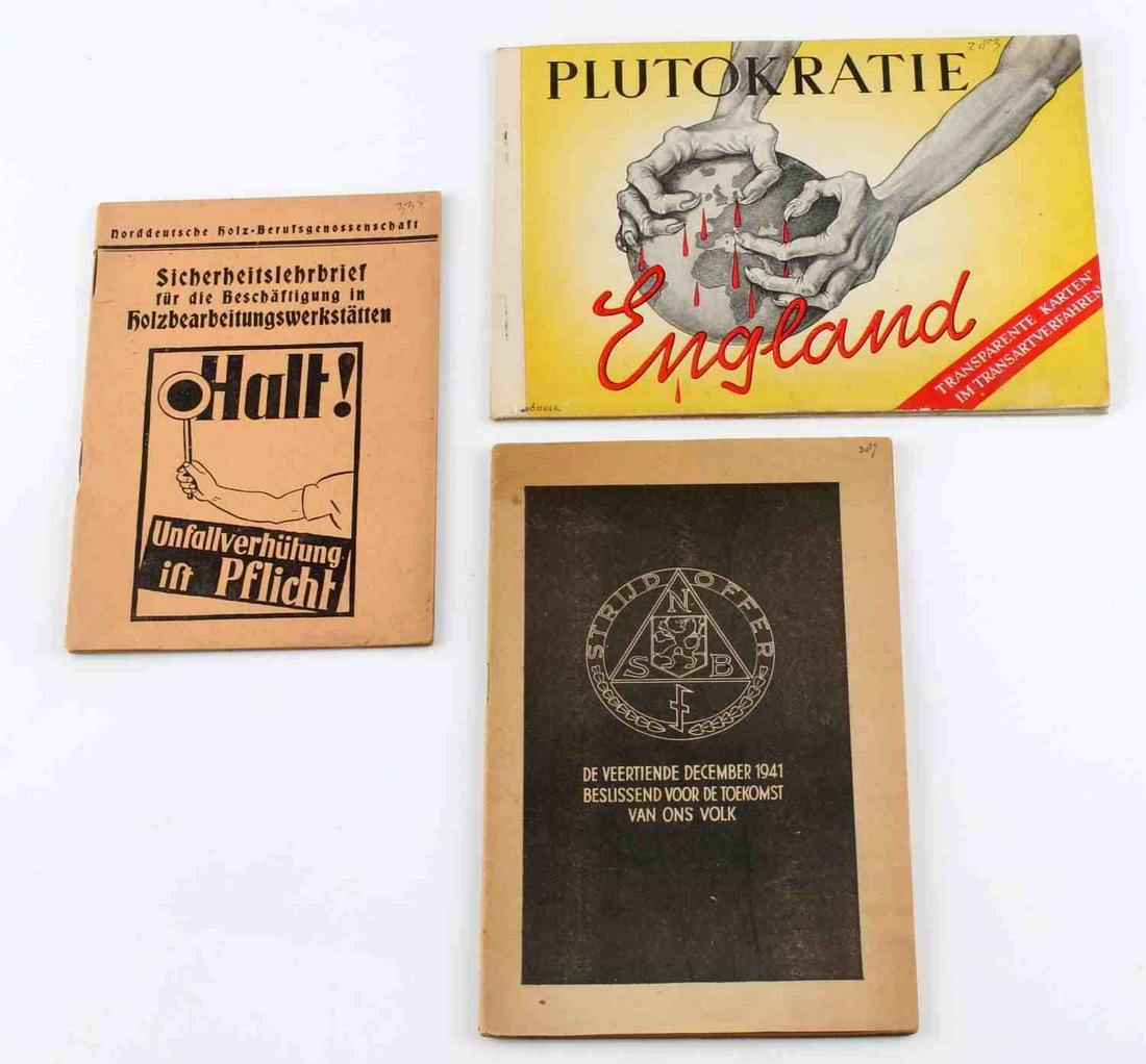 WWII GERMAN THIRD REICH LOT OF THREE PAMPHLETS: Lot includes three various pamphlets from wartime Germany. The first is a safety manual of sorts for employees in wood-working workshops. The second is dated Dec. 1941 and its cover translates to "Dec