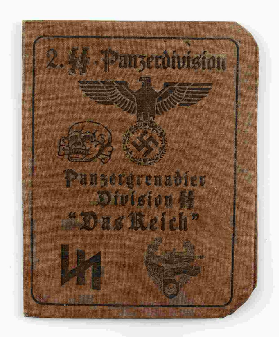 WWII GERMAN DAS REICH PANZER DIVISION AUSWEIS ID: WWII German "Das Reich" Panzer division Ausweis ID booklet with portrait picture and signature measuring at 5 3/16 inches tall by 4 1/8 inches wide. Unauthenticated, sold as is. This lot has a reserve