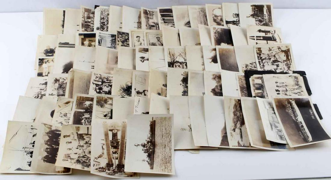 WWII US NAVY JAPANESE ATROCITY PHOTOGRAPH LOT 72: Some original Navy crew photos but most are private purchase Japanese against Chinese atrocity 4 by 6 inch photographs, some were affixed to scrap book and have residue, US Naval vessels and more quit