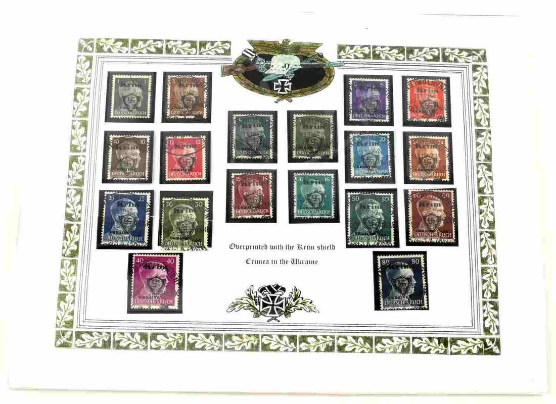 OCCUPATION OF UKRAINE OVERPRINT HITLER STAMPS: Set of 18 Hitler stamps overprinted with Krim shield, affixed to paper, canceled stamps. Very good condition.