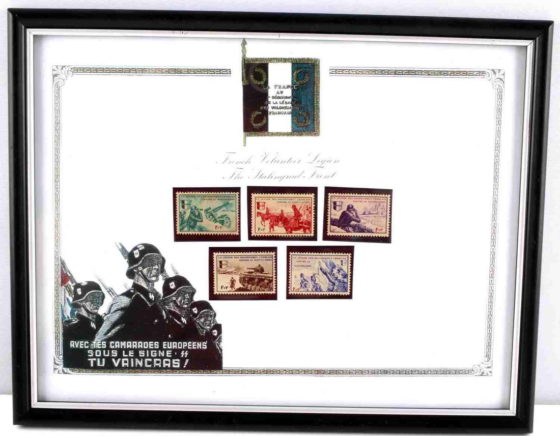 WWII FRENCH VOLUNTEER LEGION RUSSIAN FRONT STAMPS: Set of 5 stamps, affixed to paper in frame. Frame measures 12 X 9.5 inches. Very good condition.