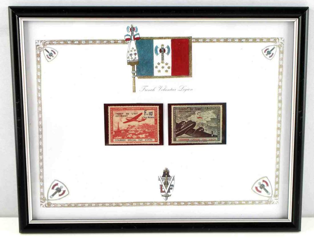 WWII FRENCH VOLUNTEER LEGION OVERPRINT STAMPS: Two stamps affixed to paper in frame. Stamps are larger - 2 X 1 5/8 inches. Frame measures 12 X 9.5 inches. Very good condition.