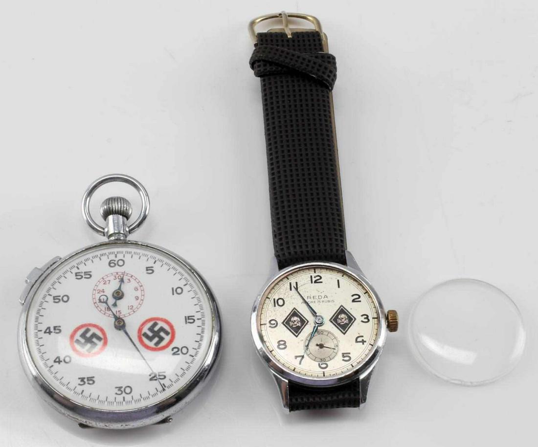 WWII GERMAN THIRD REICH NSDAP POCKET & STOP WATCH: Lot contains two watches from Third Reich Germany. One is a wrist watch manufactured by Reca with two Totenkopf emblems on the face, with a loose watch face and watch back. The Reca watch is 1 5/16 in