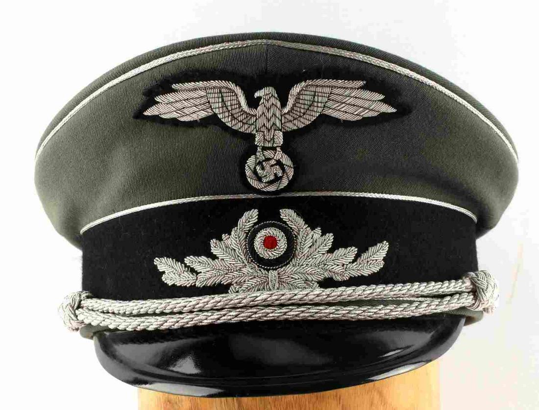 WW2 GERMAN 3RD REICH DIPLOMATIC OFFICIAL VISOR HAT: WWII German Third Reich Diplomatic Official's Visor Hat. Features label and makers mark on inside reading "Armin Griener Bad Warmbrunn/Rsgb. Leipzig - Cottbus Sonderklasse". Wool/felt band. Overall, v