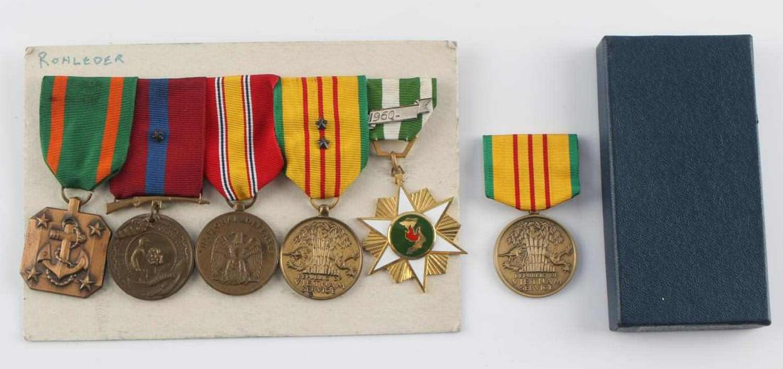 VIETNAM MEDALS LOT OF SIX USMC MARINES: This lot includes a 2 star Vietnam Service medal as well as a Campaign medal, a National Defense medal, a one star Marine Corps Good Conduct medal, and a US Navy/Marine Corps Achievement medal. Very g