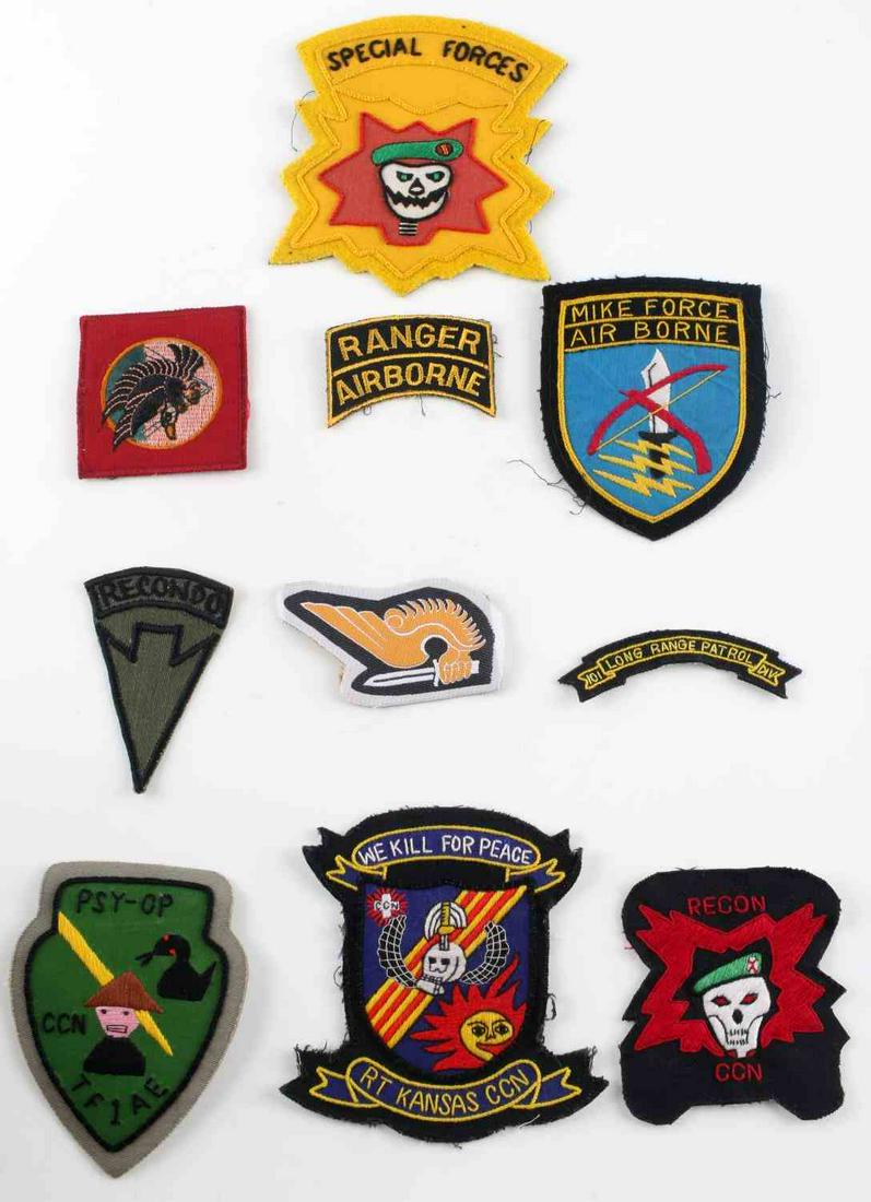 US VIETNAM WAR SPECIAL FORCES LOT OF 10 PATCHES: This lot contains an assortment of ten (10) U.S. Vietnam War Special Forces Patches. There is a variety of Special Forces patches ranging from MAC SOG Patch to an Airborne Ranger Patch. These lots do 