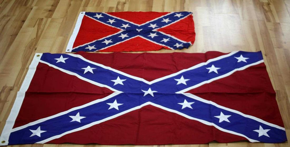 LOT OF 2 MODERN 13 STAR CONFEDERATE FLAGS: Large one measures 60 X 34 inches with two holes for hanging. Small one measures 34 X 22 inches. Very good condition.