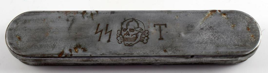 GERMAN WWII THIRD REICH WAFFEN SS TRINKET BOX: Silver Third Reich trinket box, visible wearing/aging. Small rectangular shape. 7 inches by 1.5 inches. Unauthenticated and sold as is. This lot has a reserve.