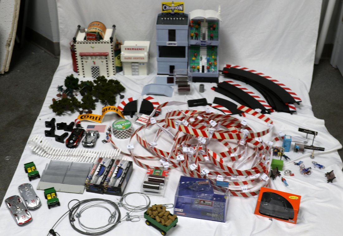 CARRERA SLOT CAR ACCESSORIES COCA COLA CHEVROLET: Lot includes seats for miniature people, trees, red and white racing fences, cars such as the Porsche 918 Spyder and Corvette, 2 controllers, and more.
