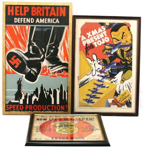 WW2 ORIGINAL PROPAGANDA POSTER GROUP OF 3: A most desirable framed original lot of 3 world war 2 posters consisting of 7th Kanawha county war loan committee, "Now lets get Japan", 17x17 inches. In vg condition. The second is a F.G. Werner with