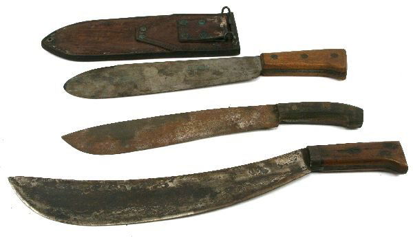 US MILITARY BOLO LOT OF 3 INCLUDING USMC: To include; USMC Bolo by Chatillion, NY. In a 42 dated leather sheath; a Bolo/machete plus a another.