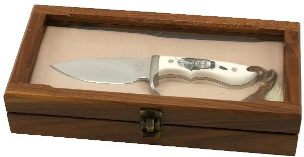BUCK CUSTOM KNIFE 0006 MASTODON IVORY SIGNED FISK: one of Buck knives finest custom 0006 mastodon ivory handles with native american image engraved, signed fisk, mint in box 9 inches overall
