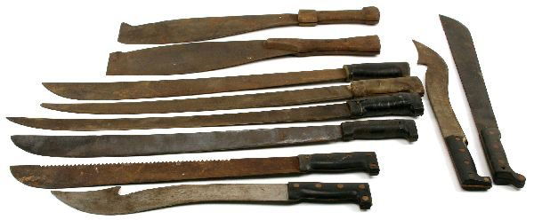 MACHETE LOT OF 10: Including; 2 saw back type and a good variety of others. Condition varies. (10).