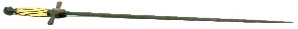 18th CENTURY IVORY HANDLED HUNTING SWORD & ANOTHER: C1750 European hunting hanger with 25 inch double edged blade, cross guard and Ivory one piece grip. Remnants of engraving to the blade, some pitting overall, Scabbard absent although the throat is at