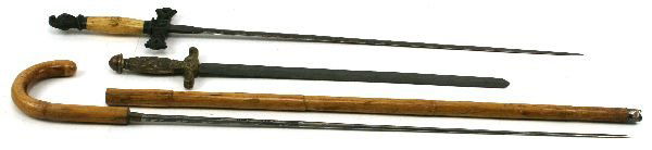 SWORD STICK 19TH CENTURY SWORD & ANOTHER: To include; a walking cane sword stick with 27 inch, etched blade. Possibly early 20th century. Scabbard ferrule is a replacement; a 19th century fraternal sword with 26 inch blade and ivory grip. Nam