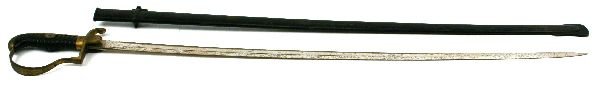 IMPERIAL GERMAN OFFICERS SWORD: 32 inch blade by Eickhorn, this pattern was used from the late 1800's through WWII. Some light rust spotting coming through the plating. Brass hilt and guard, wire bound horn grip. Scabbard with some 