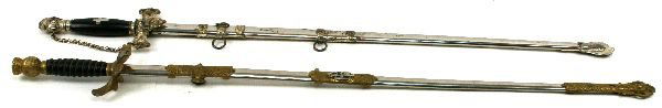 ODD FELLOW PLUS KNIGHTS TEMPLAR SWORD LOT OF 2: To include; an Odd Fellows sword, etched blade of 30 inches, marked "Patriarchs Militant" and named to RM Robertson. Wire bound leather grip with gilt fittings and polished steel scabbard; Knights Tem