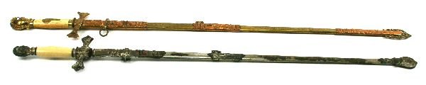 KNIGHTS TEMPLAR FRATERNAL SWORD LOT OF 2: 28 inch blade, (some rust) named to Rector B Hubbard. Etched blade with scenes of knights. Ivory grip. Contained in its plated metal scabbard with red enameled cross. Some plating absent; a second swo