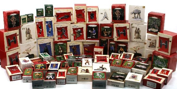 5 BOXES 70 HALLMARK ORNAMENTS STAR WARS STAR TREK: Contained in 5 boxes. Hallmark Keepsake action figures and Star Wars, Star Trek ornaments. 70 total, many scarce and desirable pieces, Spider-Man, GI Joe, football players as well. Collection is mostl