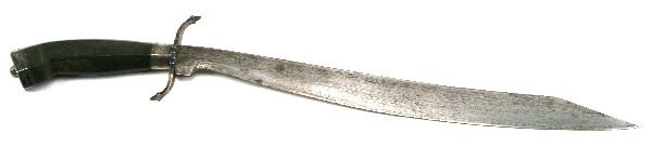 SILVER MOUNTED INDONESIAN PARANG: An early 20th century silver-mounted parang from Java in Indonesia. Slightly curved, seven sided, horn grip with good hand forged blade of 14 inches. Unmarked silver guard and pommel with chase design
