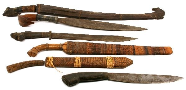 FILIPINO TRIBAL WEAPON LOT OF 6: To include; a Moro barong, a Tilibong, a Daga, another Barong. Plus 2 others. (6)