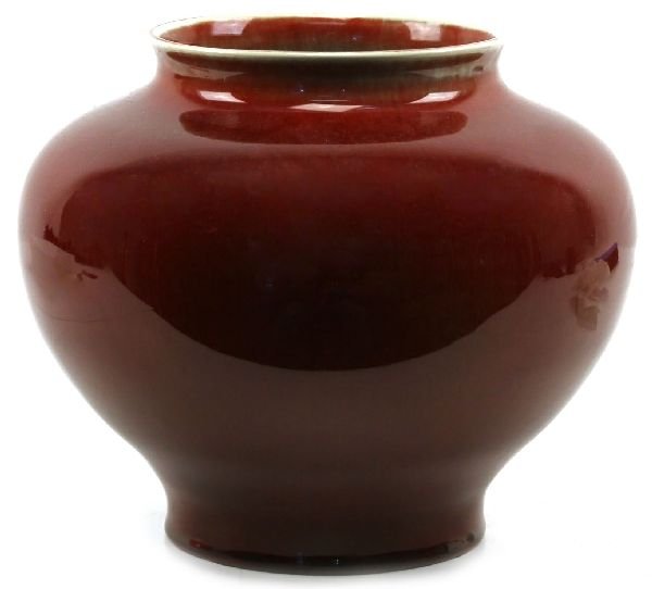 GMB GLADYS MCBEAN FRANCISCAN WARE VASE: A gmb Gladys McBean, streaked ox blood to green vase 10 inches in height, one of the scarcer Catalina examples