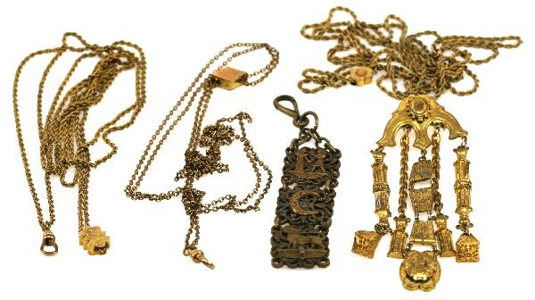 VICTORIAN JEWELRY LOT: Three pocket watch fobs with 10K gold slides one with small diamond. Egyptian style and filigree style hanging pins.