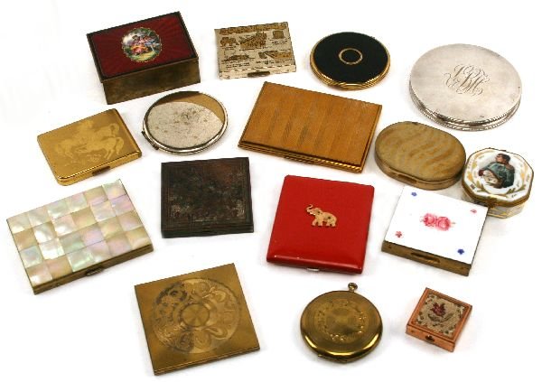 VINTAGE COMPACT CIGARETTE CASE & PILL BOX LOT: To include; A sterling silver compact, marked sterling and monogrammed "LBH" in scroll. 8 other compacts; a Limoges enameled and gilded pill box with an image of Napoleon 1st to the lid. a metal pill 