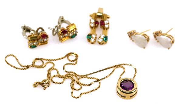 MIXED GOLD JEWELRY LOT AMETHYST OPAL RUBY EMERALD: 14K box chain with amethyst slide pendant, 14K opal and diamond earrings, 14K emerald , ruby, and diamond earrings and pendant.15.3 g total weight.